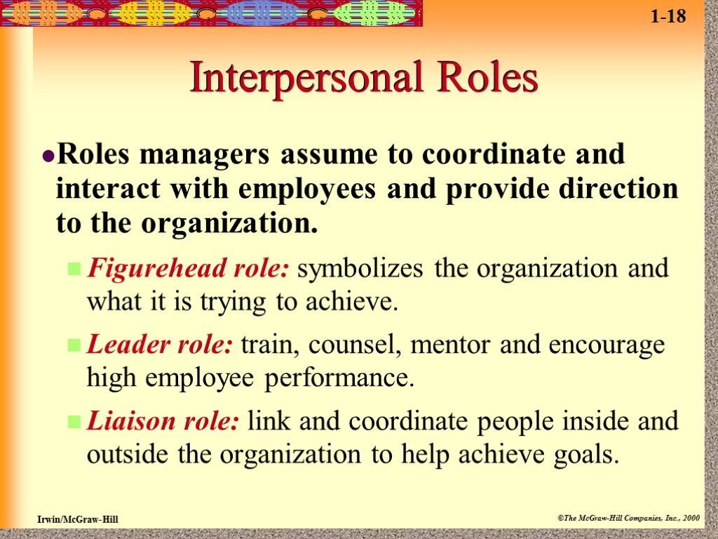 Interpersonal Roles Roles managers assume to coordinate and interact with employees and provide direction